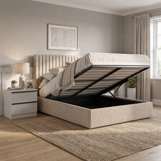 Sollom King Size Tall Ottoman Storage Bedframe - Marbled Sand Fabric