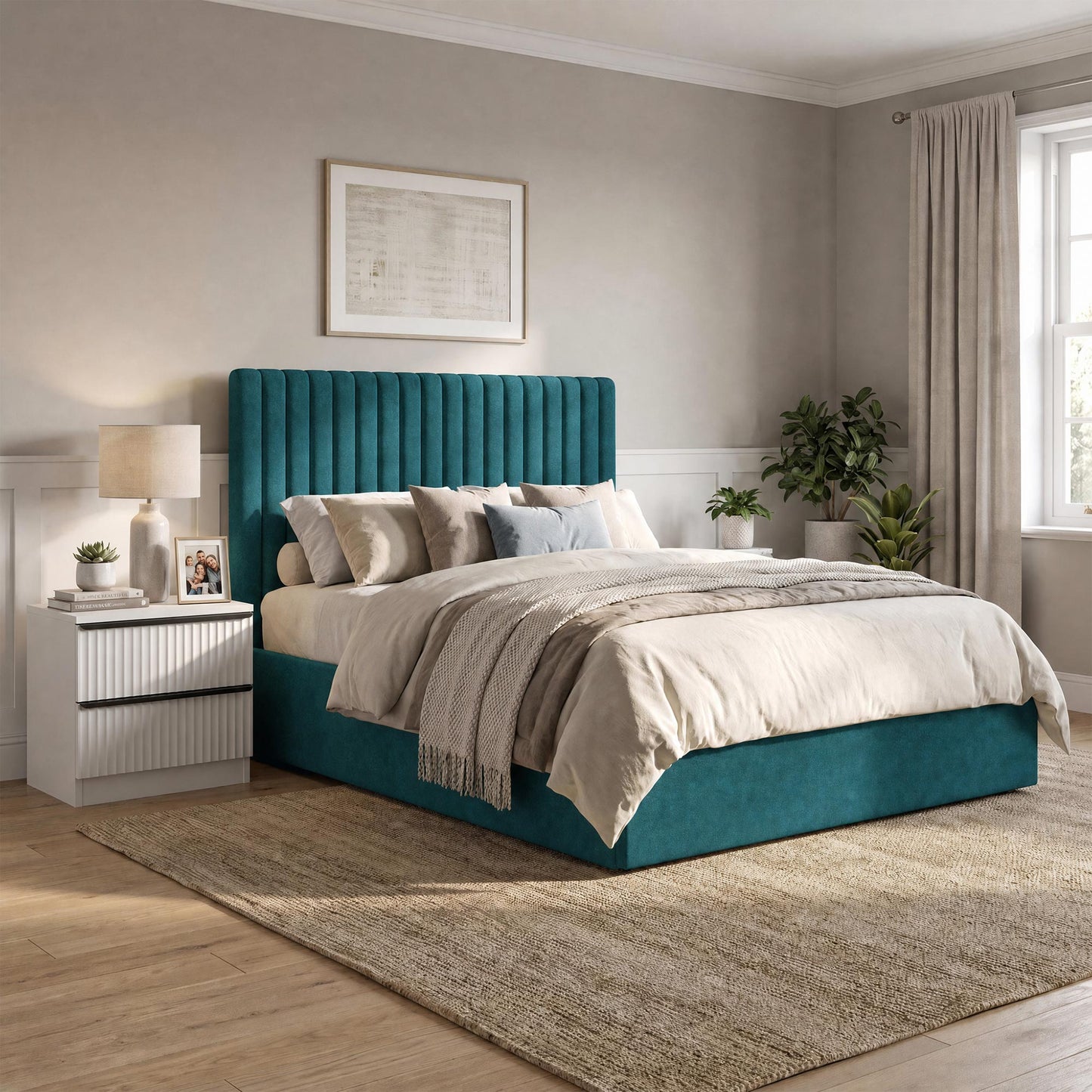 Sollom Double Size Tall Ottoman Storage Bedframe - Marbled Teal Fabric