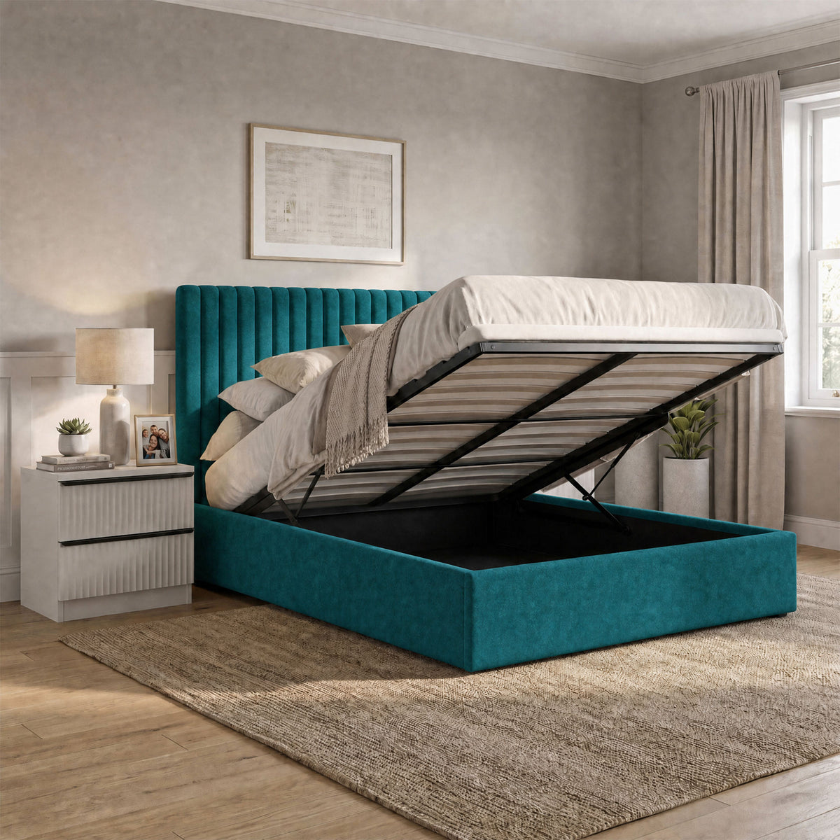 Sollom King Size Tall Ottoman Storage Bedframe - Marbled Teal Fabric