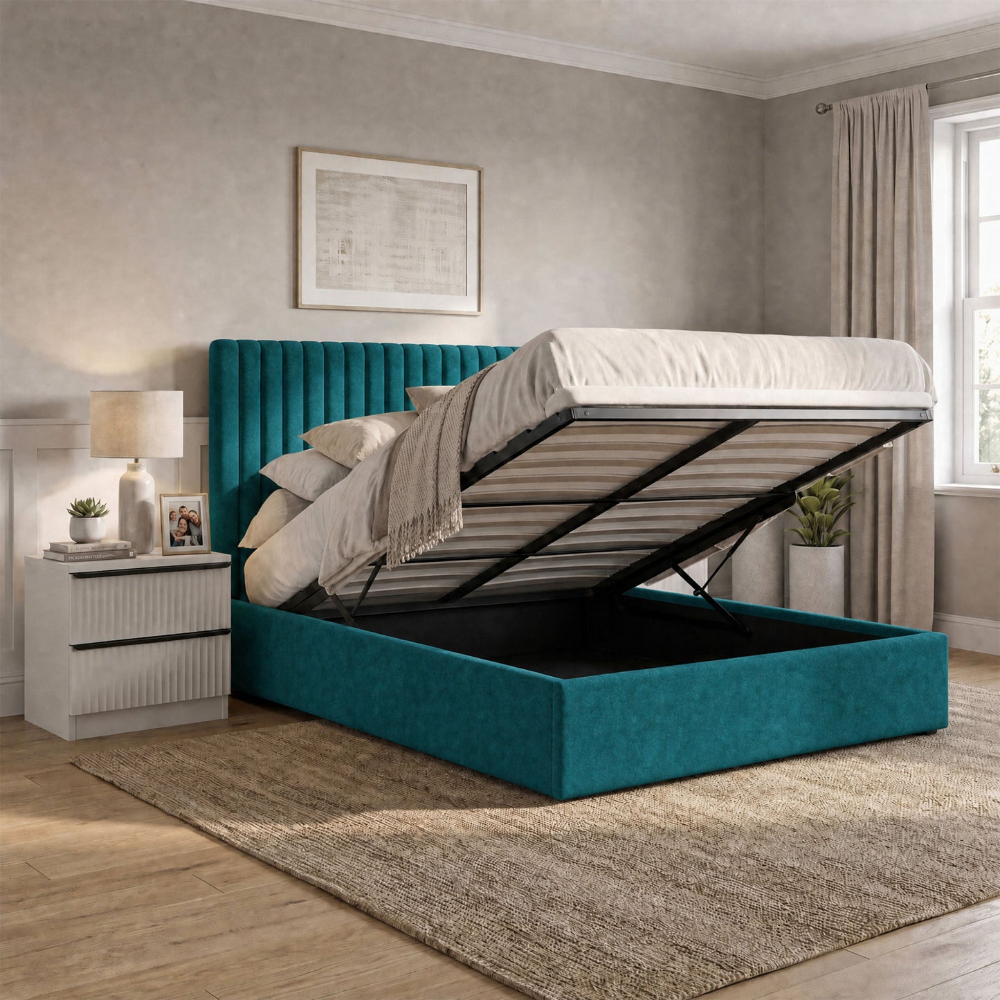 Sollom Double Size Tall Ottoman Storage Bedframe - Marbled Teal Fabric