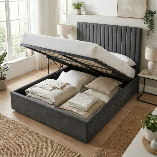 Sollom King Size Tall Ottoman Storage Bedframe - Nickel Grey Fabric
