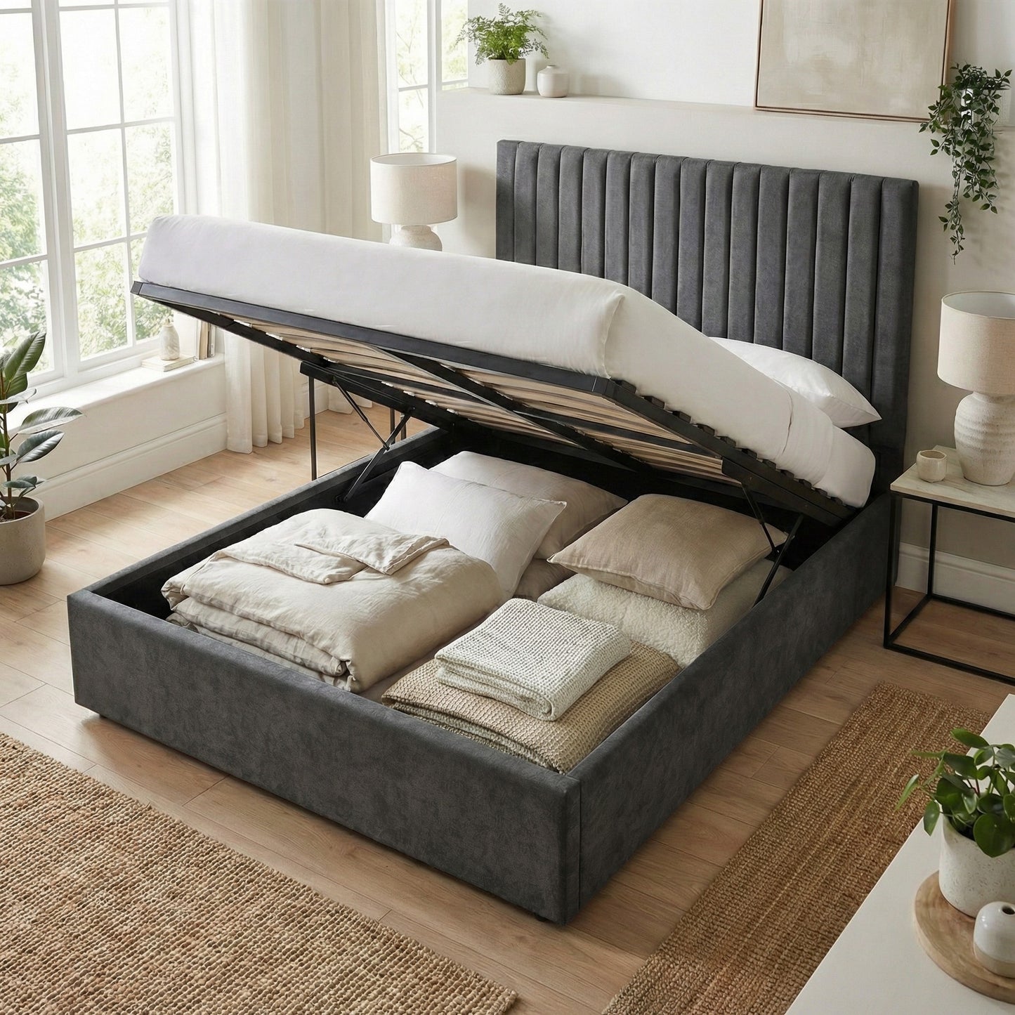 Sollom Double Size Tall Ottoman Storage Bedframe - Nickel Grey Fabric