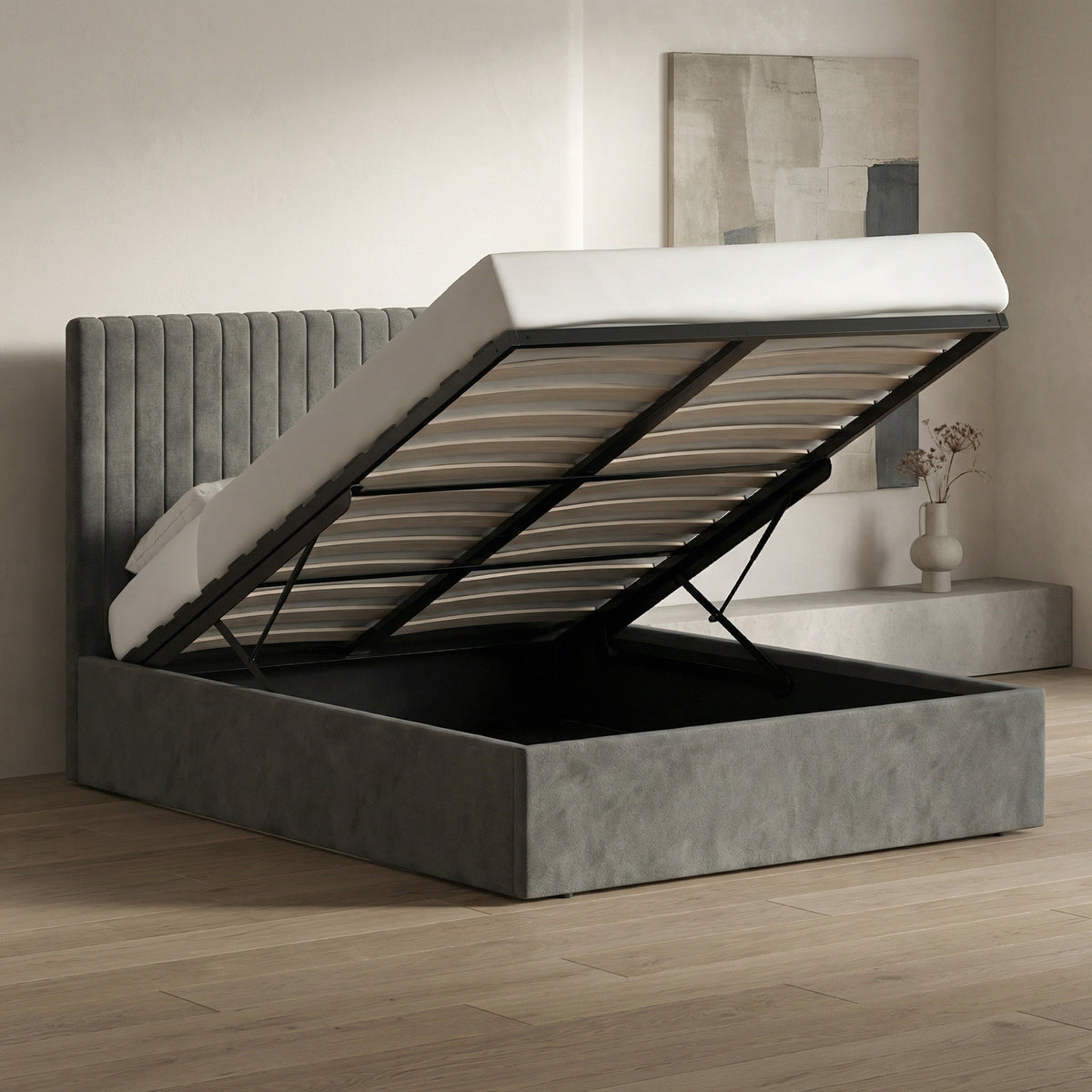 Sollom King Size Tall Ottoman Storage Bedframe - Nickel Grey Fabric