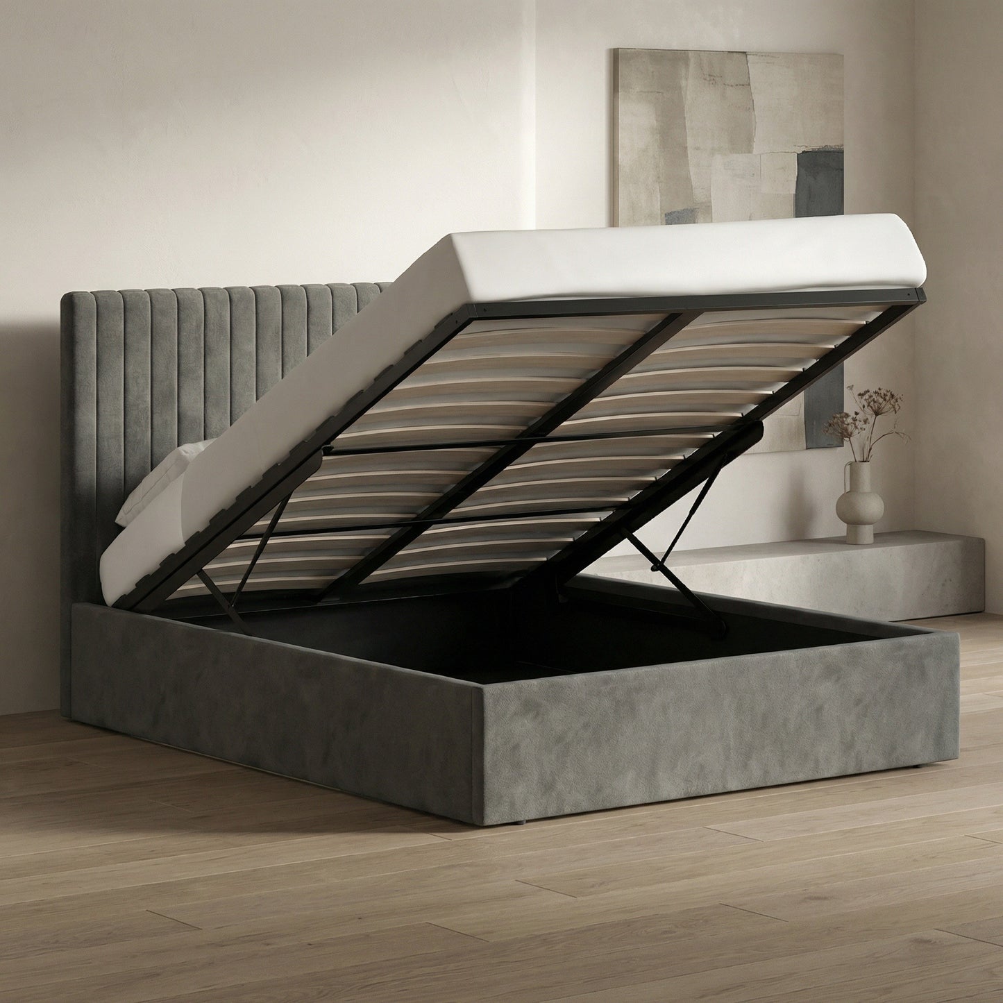 Sollom Double Size Tall Ottoman Storage Bedframe - Nickel Grey Fabric