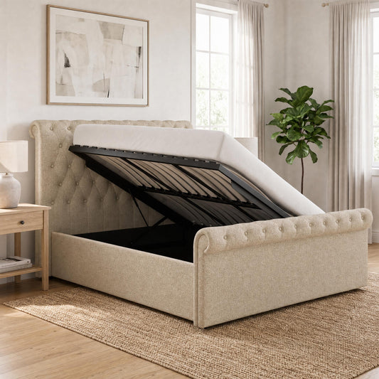 Abbey Double Size Side Lift Ottoman Storage Bedframe - Almond Fabric