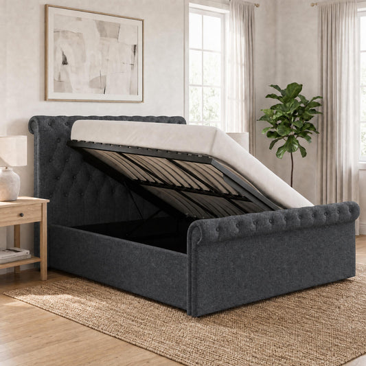Abbey Double Size Side Lift Ottoman Storage Bedframe - Charcoal Fabric