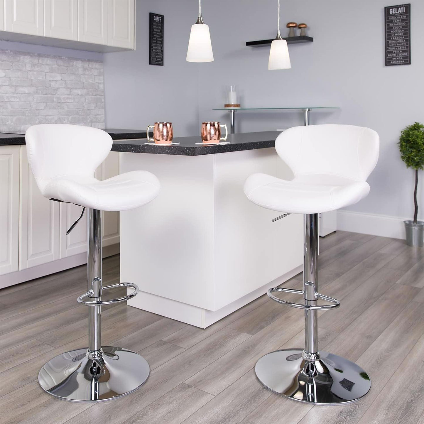 Set Of 2 White Faux Leather Curved Rotating Barstools