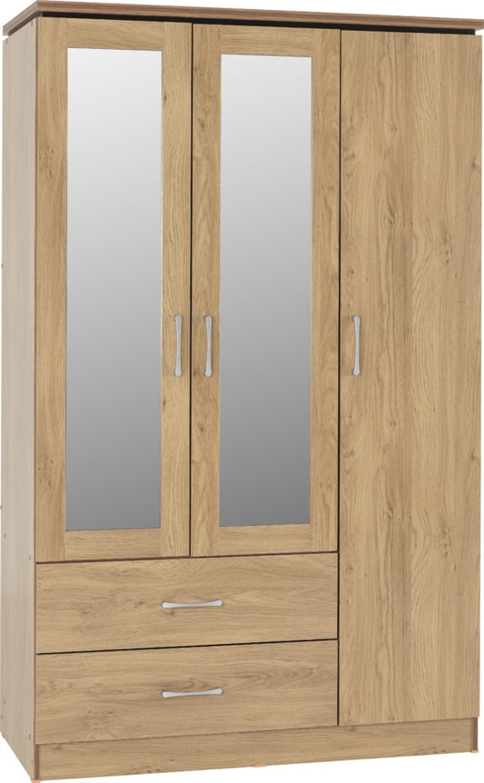 Charles 3 Door 2 Drawer Mirrored Wardrobe – Oak Effect Veneer with Walnut Trim