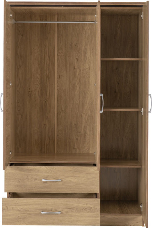 Charles 3 Door 2 Drawer Mirrored Wardrobe – Oak Effect Veneer with Walnut Trim