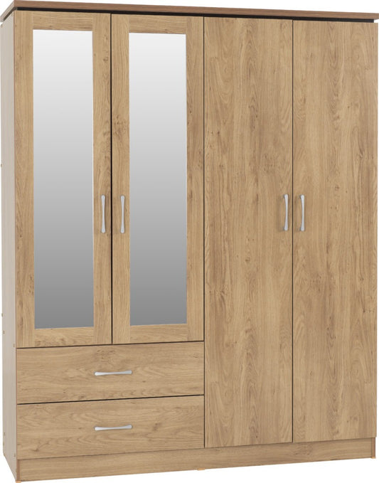 Charles 4 Door 2 Drawer Mirrored Wardrobe – Oak Effect Veneer with Walnut Trim