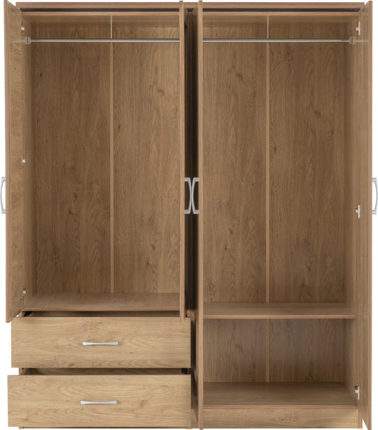 Charles 4 Door 2 Drawer Mirrored Wardrobe – Oak Effect Veneer with Walnut Trim