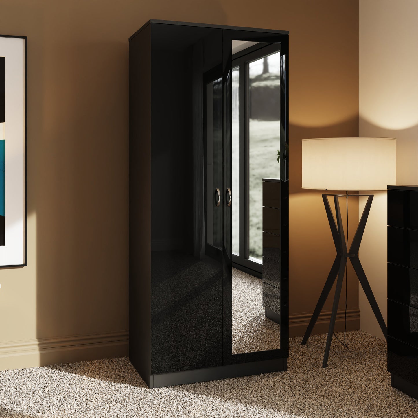 Chilton 2 Door Wardrobe With Mirror - Black Gloss Front