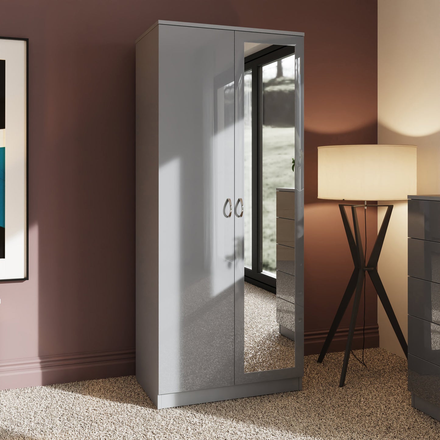 Chilton 2 Door Wardrobe With Mirror - Grey Gloss Front
