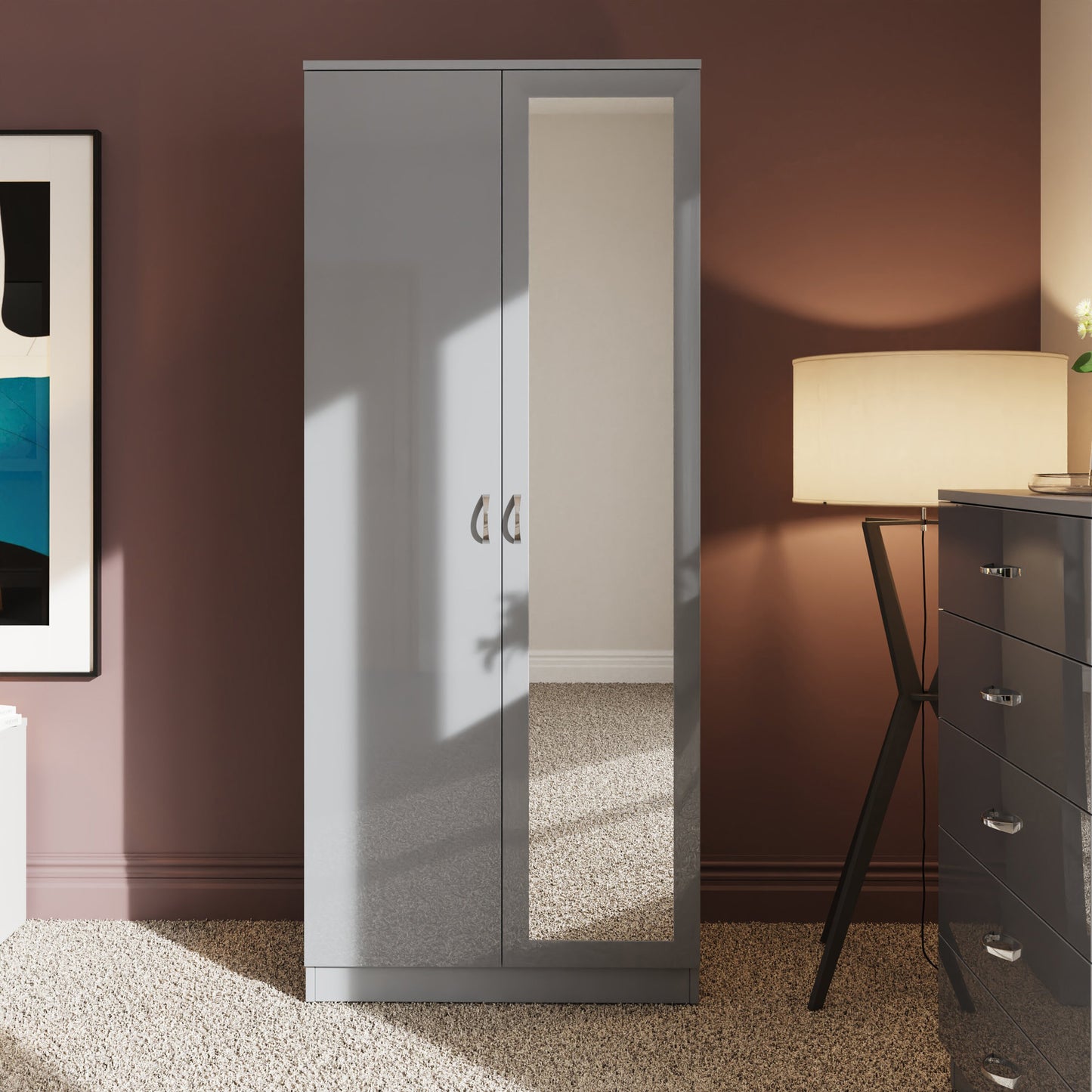 Chilton 2 Door Wardrobe With Mirror - Grey Gloss Front