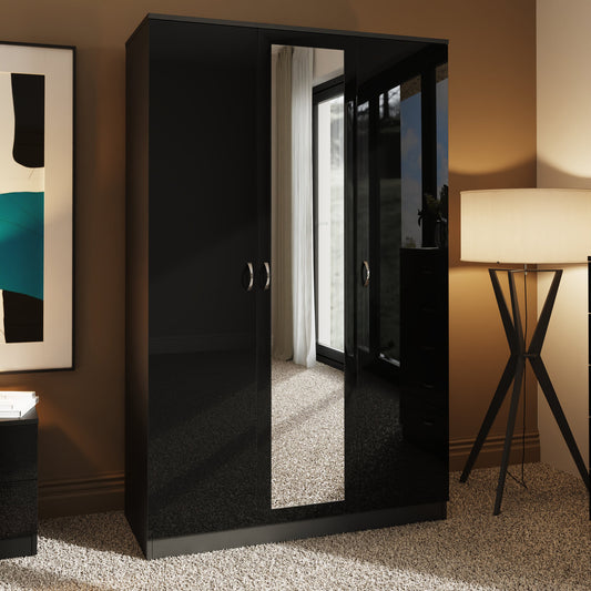 Chilton 3 Door Wardrobe With Mirror - Black Gloss Front
