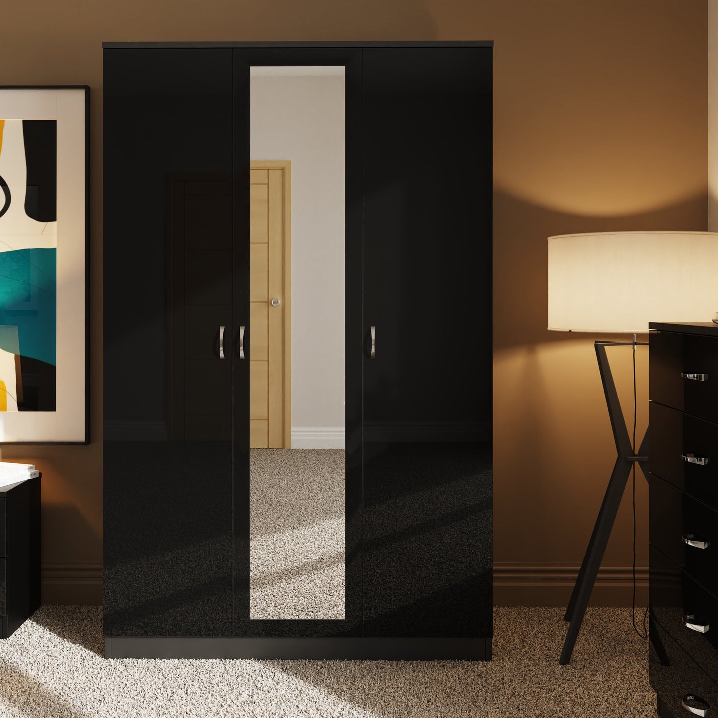 Chilton 3 Door Wardrobe With Mirror - Black Gloss Front