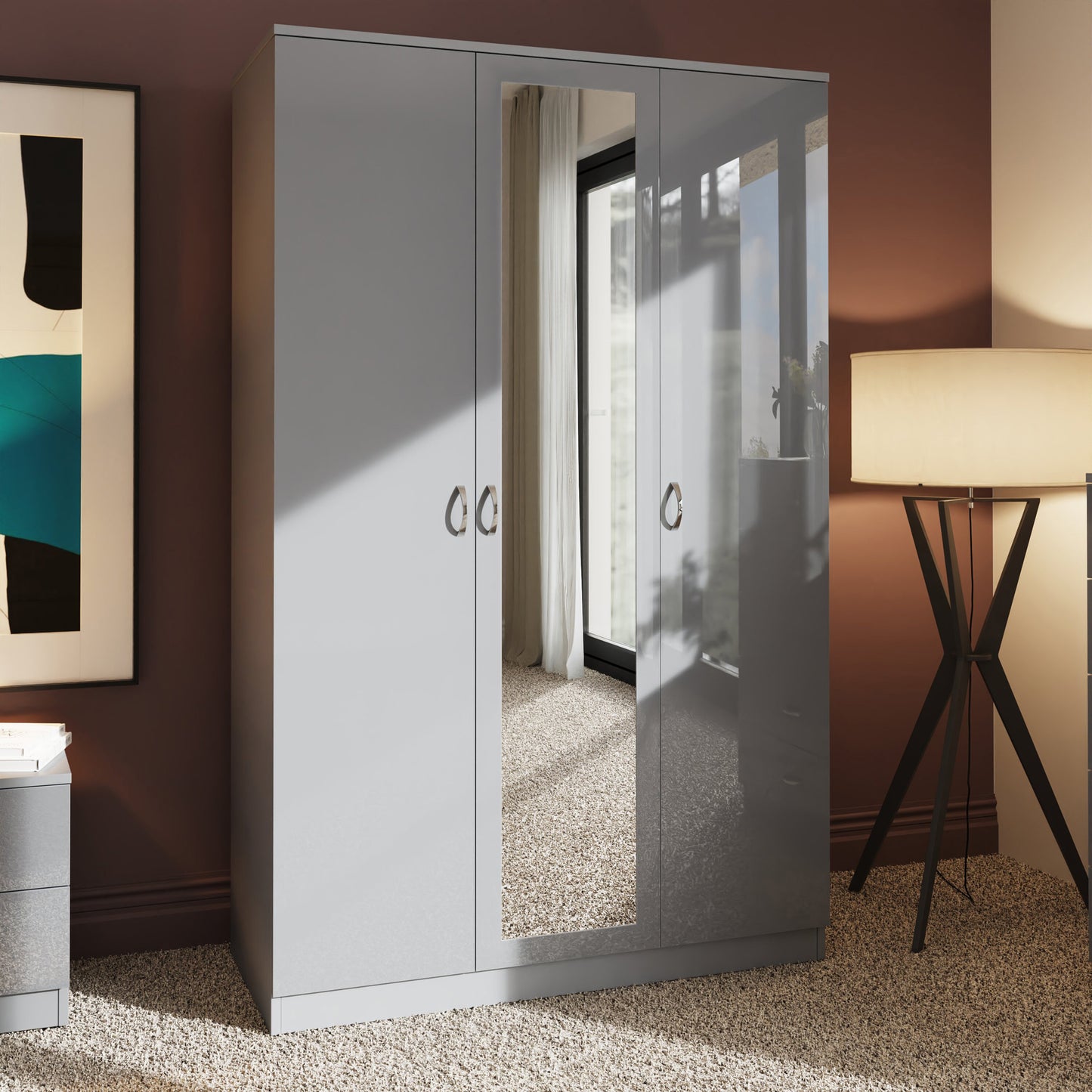 Chilton 3 Door Wardrobe With Mirror - Grey Gloss Front
