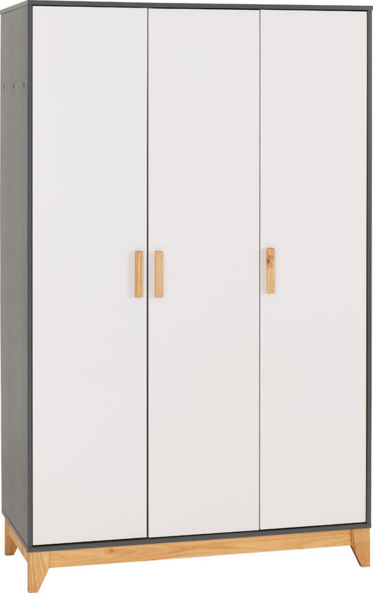 Cleveland 3 Door Wardrobe – White/Grey Metal Effect