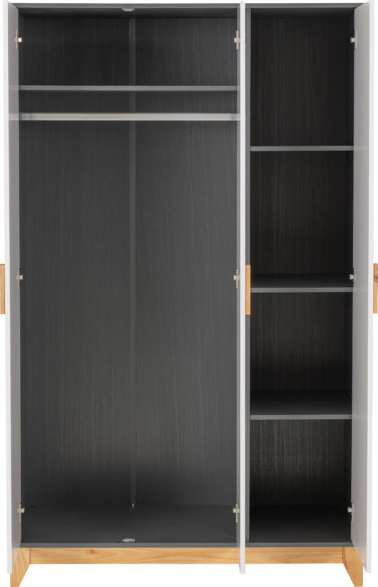 Cleveland 3 Door Wardrobe – White/Grey Metal Effect