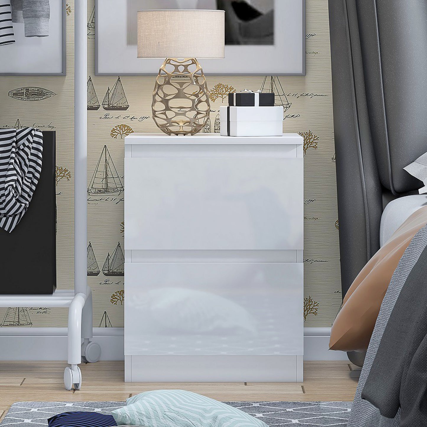 Carlton 2 Drawer Bedside Nightstand - White Gloss Front