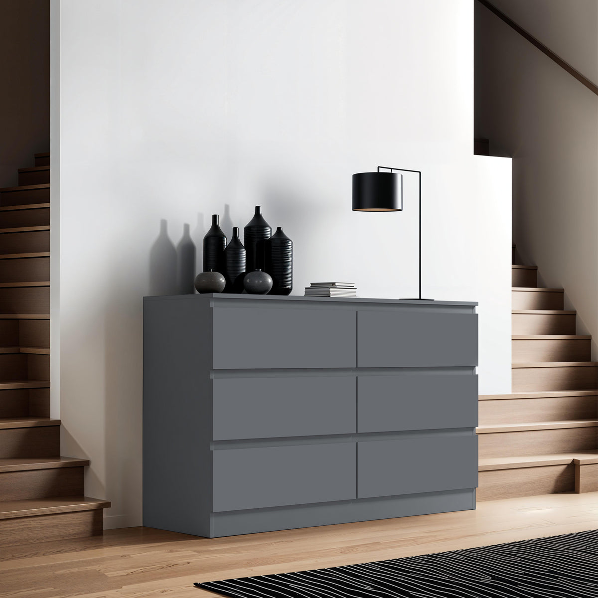 Carlton 6 Drawer Wide 3+3 Chest of Drawers - Matt Dark Grey