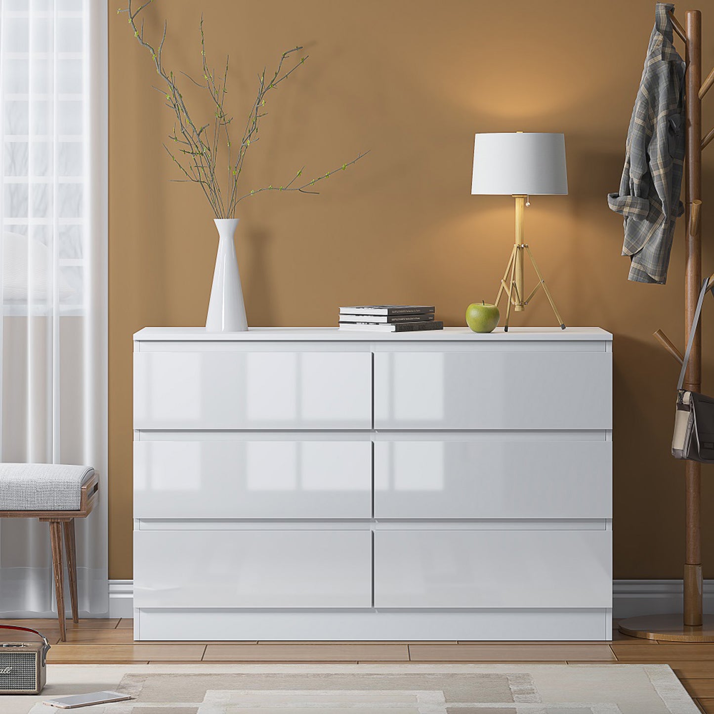 Carlton 6 Drawer Wide 3+3 Chest Of Drawers - White Gloss Front
