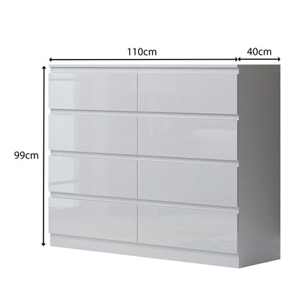 Carlton 8 Drawer Wide 4+4 Chest Of Drawers - White Gloss Front