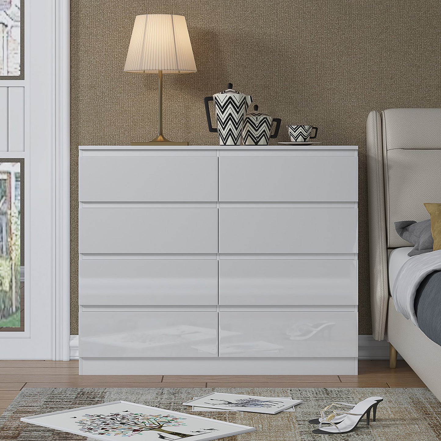 Carlton 8 Drawer Wide 4+4 Chest Of Drawers - White Gloss Front