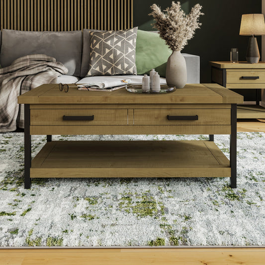 Lowry 2 Drawer Coffee Table Driftwood Lacquered Solid Reclaimed Pine