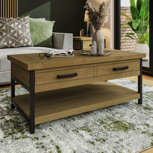 Lowry 2 Drawer Coffee Table Driftwood Lacquered Solid Reclaimed Pine
