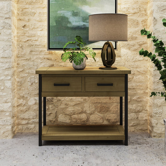 Lowry 2 Drawer Console Table Driftwood Lacquered Solid Reclaimed Pine
