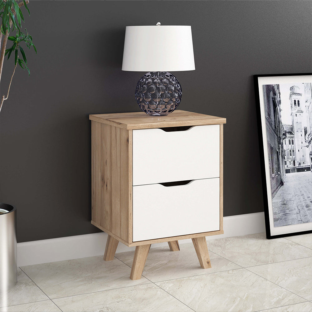 Forte Scandinavian 2 Drawer Bedside Cabinet - Matt White & Light Oak