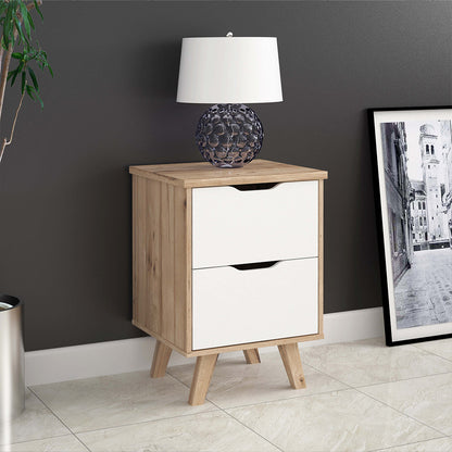 Forte Scandinavian 2 Drawer Bedside Cabinet - Matt White & Light Oak
