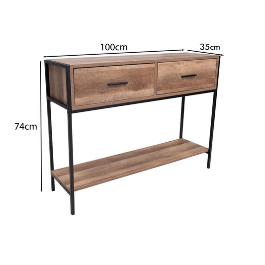 Loft Industrial 2 Drawer Console Table Wood Effect Black Metal Frame