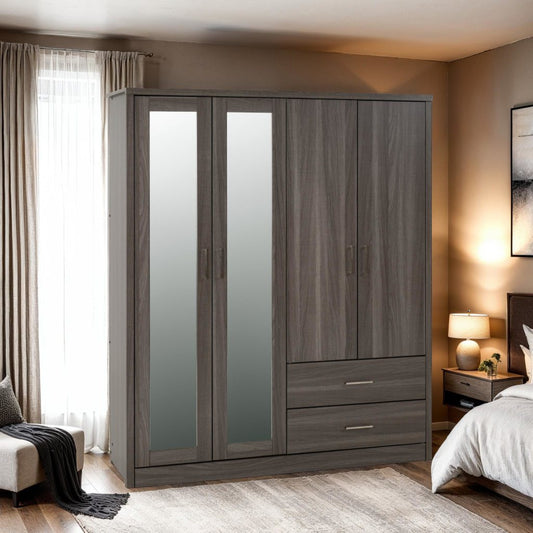 Lisbon 4 Door Mirrored Wardrobe – Black Wood Grain or Light Oak Effect Finish
