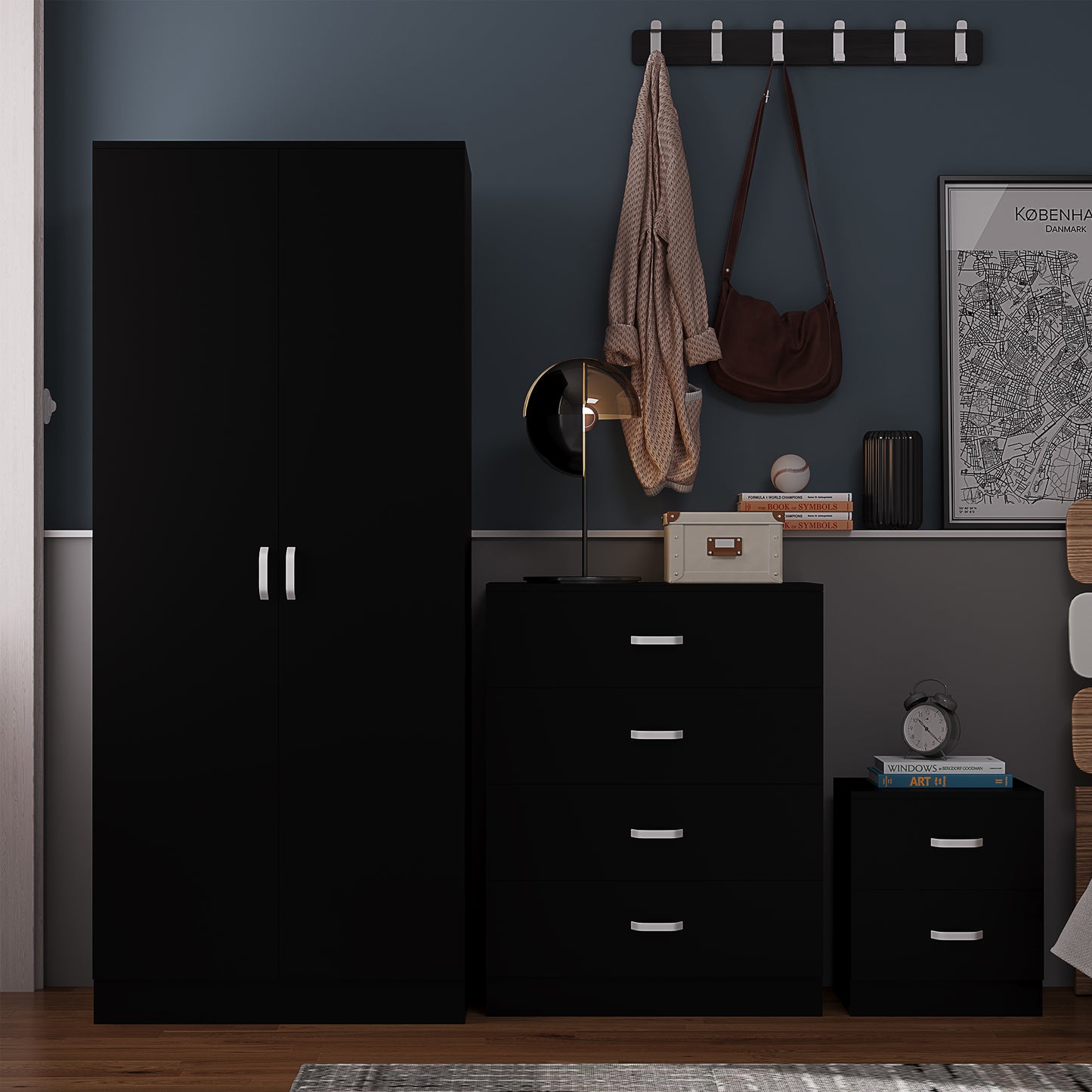 Tunis 3 Piece Bedroom Furniture Set - Matt Black - Wardrobe + Chest + Bedside