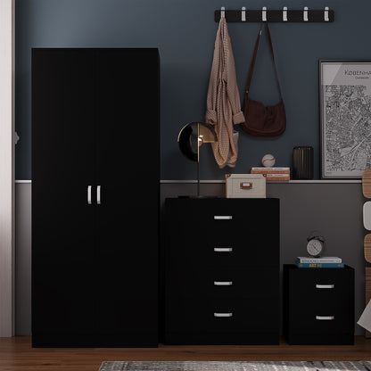 Tunis 3 Piece Bedroom Furniture Set - Matt Black - Wardrobe + Chest + Bedside