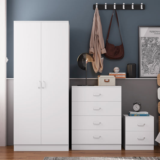 Tunis 3 Piece Bedroom Furniture Set - Matt White - Wardrobe + Chest + Bedside