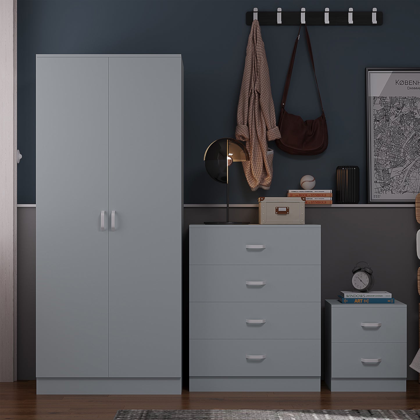 Tunis 3 Piece Bedroom Furniture Set - Matt Grey - Wardrobe + Chest + Bedside