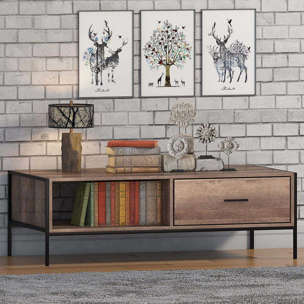 Loft Industrial Coffee Table With Storage Wood Effect Black Metal Frame
