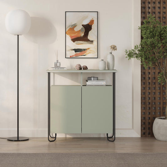 Cornea 2 Door Sideboard Buffet Unit Ash Green with Open Shelf & Black Metal Frame