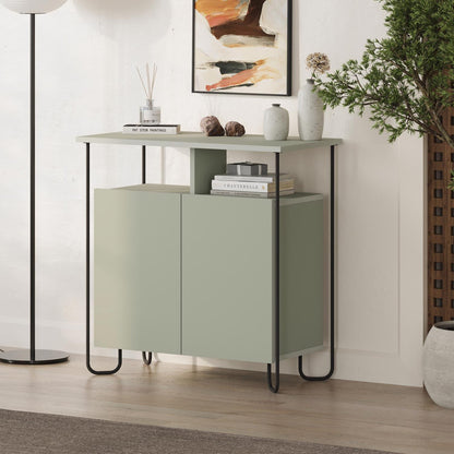 Cornea 2 Door Sideboard Buffet Unit Ash Green with Open Shelf & Black Metal Frame