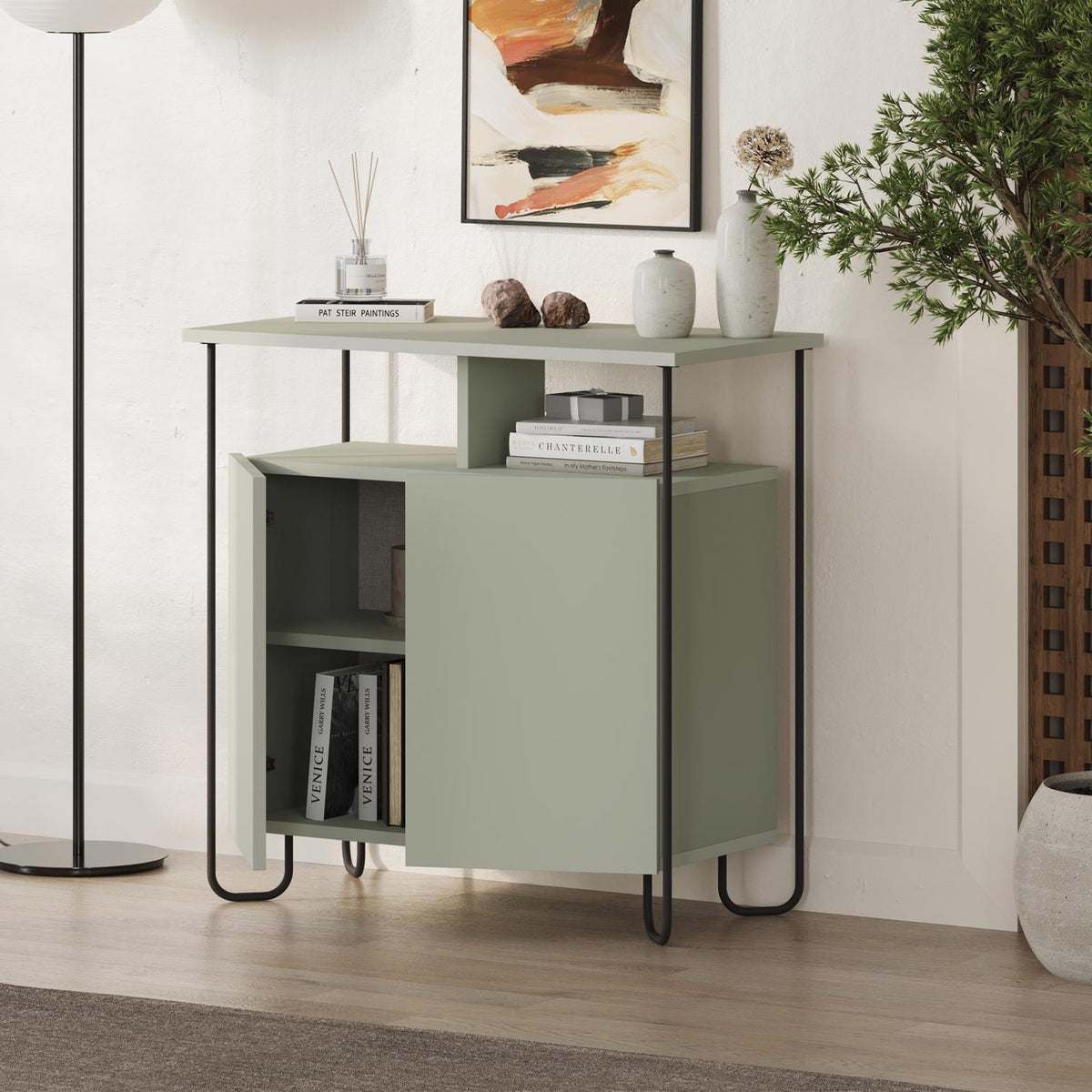 Cornea 2 Door Sideboard Buffet Unit Ash Green with Open Shelf & Black Metal Frame