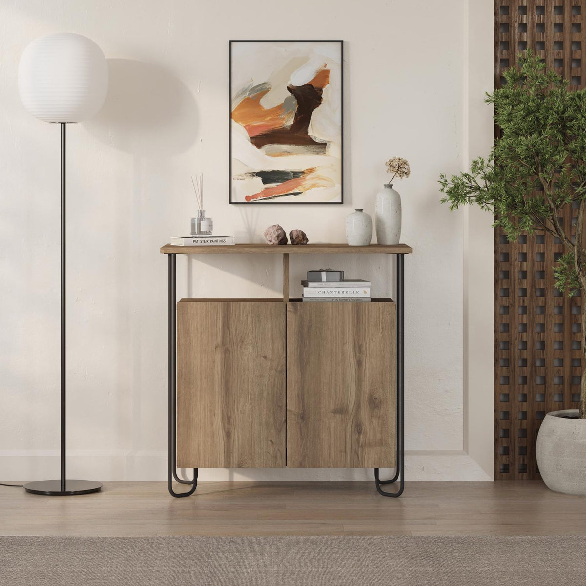 Cornea 2 Door Sideboard Buffet Unit Dark Oak with Open Shelf & Black Metal Frame