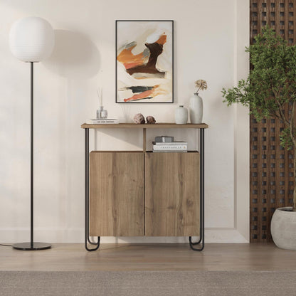 Cornea 2 Door Sideboard Buffet Unit Dark Oak with Open Shelf & Black Metal Frame