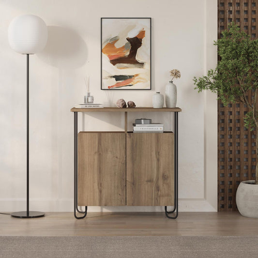 Cornea 2 Door Sideboard Buffet Unit Dark Oak with Open Shelf & Black Metal Frame