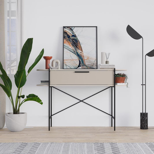 Otis 1 Drawer 2 Shelf Console Table - Matt Sandstone with Black Metal Frame