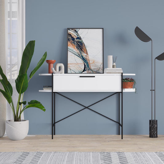 Otis 1 Drawer 2 Shelf Console Table - Matt White with Black Metal Frame