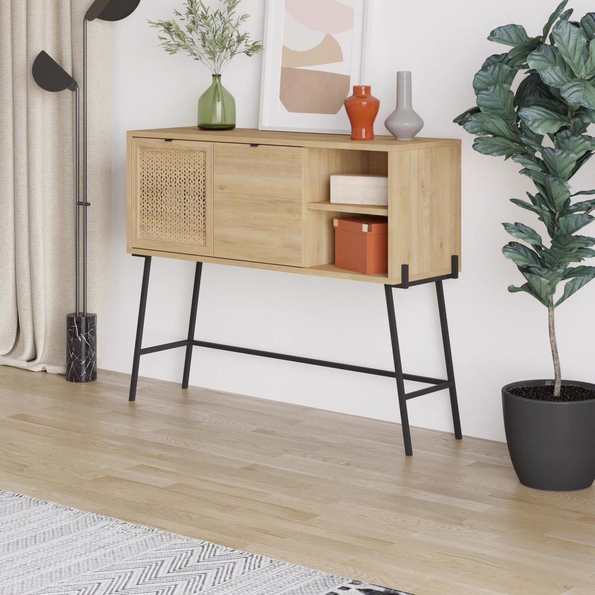 Naive 2 Door 1 Shelf Sideboard Buffet Unit - Sapphire Oak with Black Metal Frame