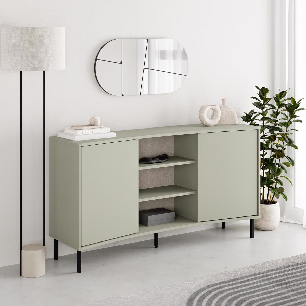 Frem 2 Door Curved Sideboard Buffet Unit Ash Green & Black Metal Legs